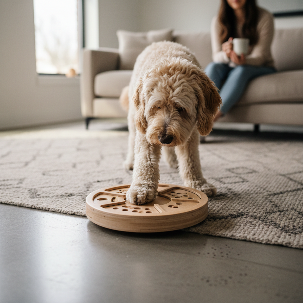 Dog using a puzzle toy for mental stimulation at home