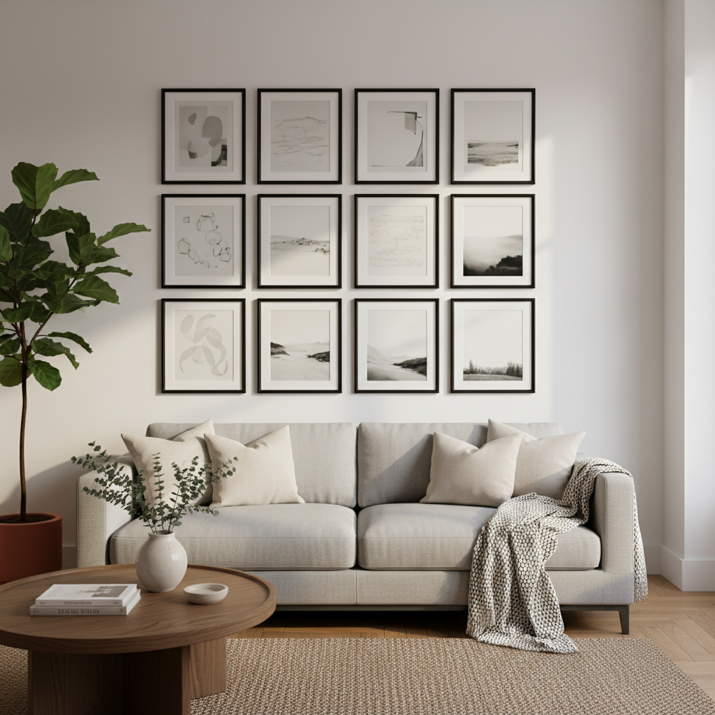 Finished nail-free gallery wall above a sofa with evenly spaced frames