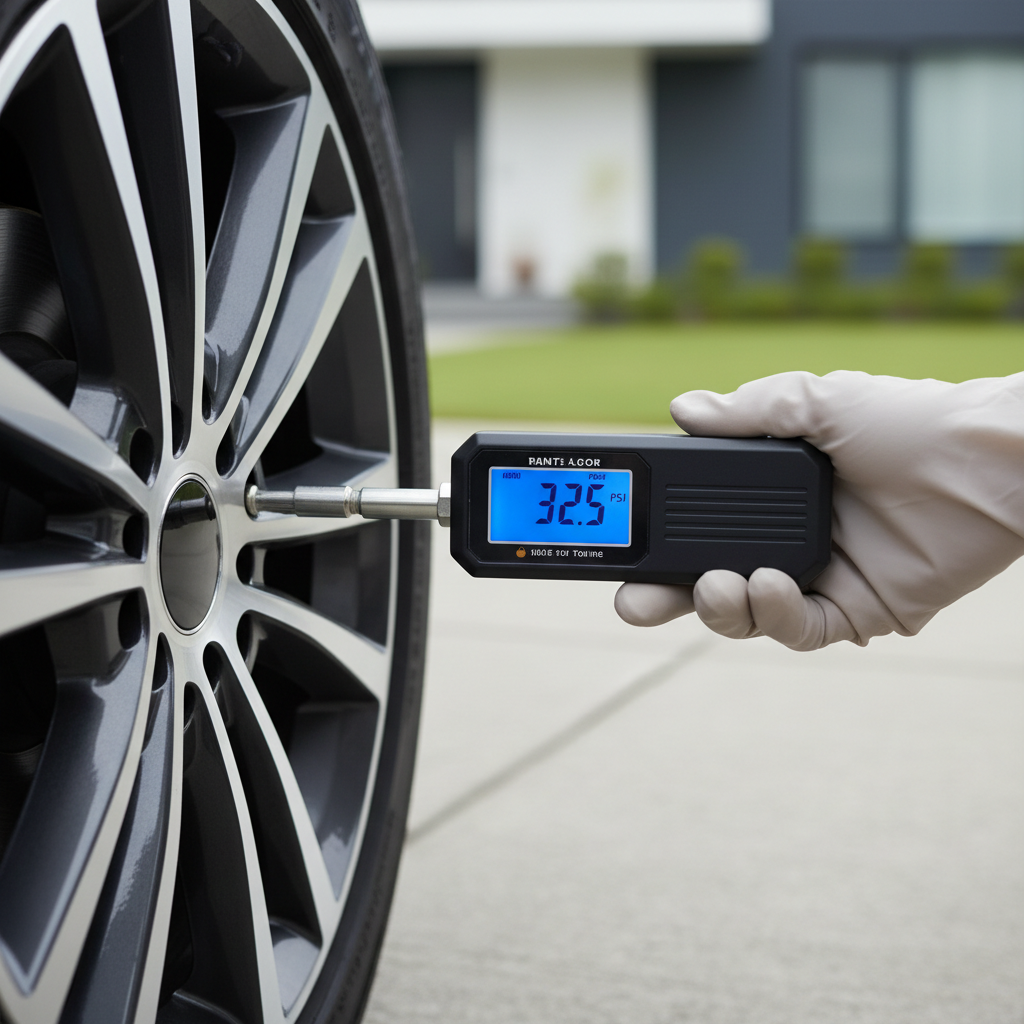 Digital tire pressure gauge showing PSI reading next to a car tire on a driveway