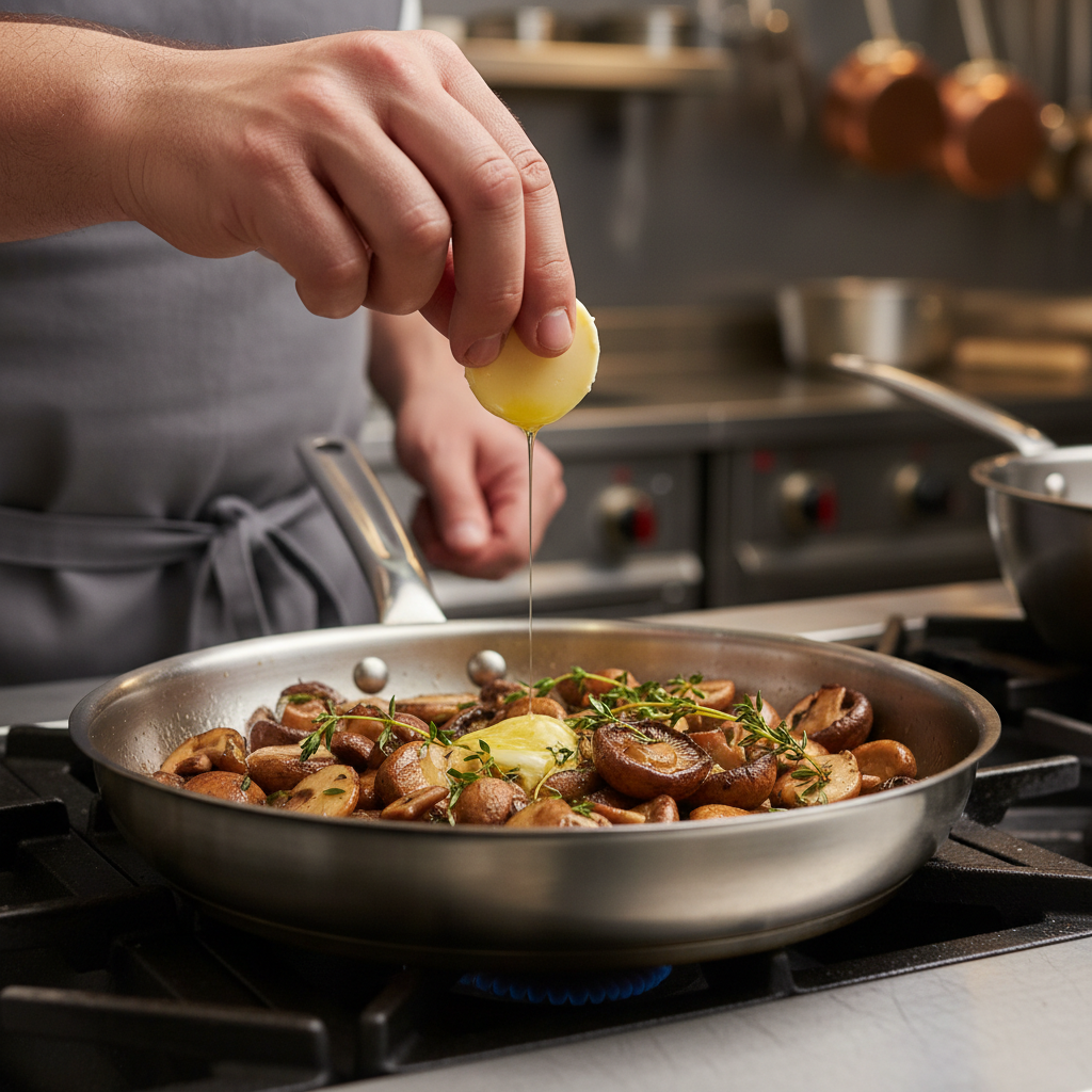Adding butter and herbs to browned mushrooms