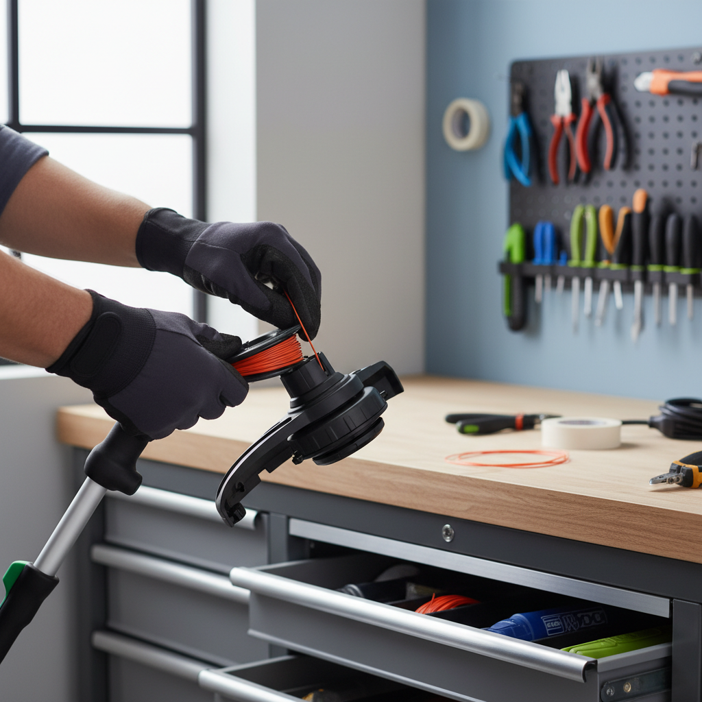 Replacing trimmer line on a weed eater at a garage workbench