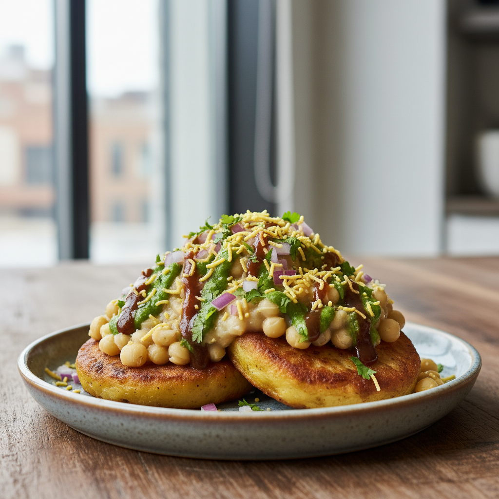 Ragda pattice chaat topped with chutneys, sev, onion, and cilantro
