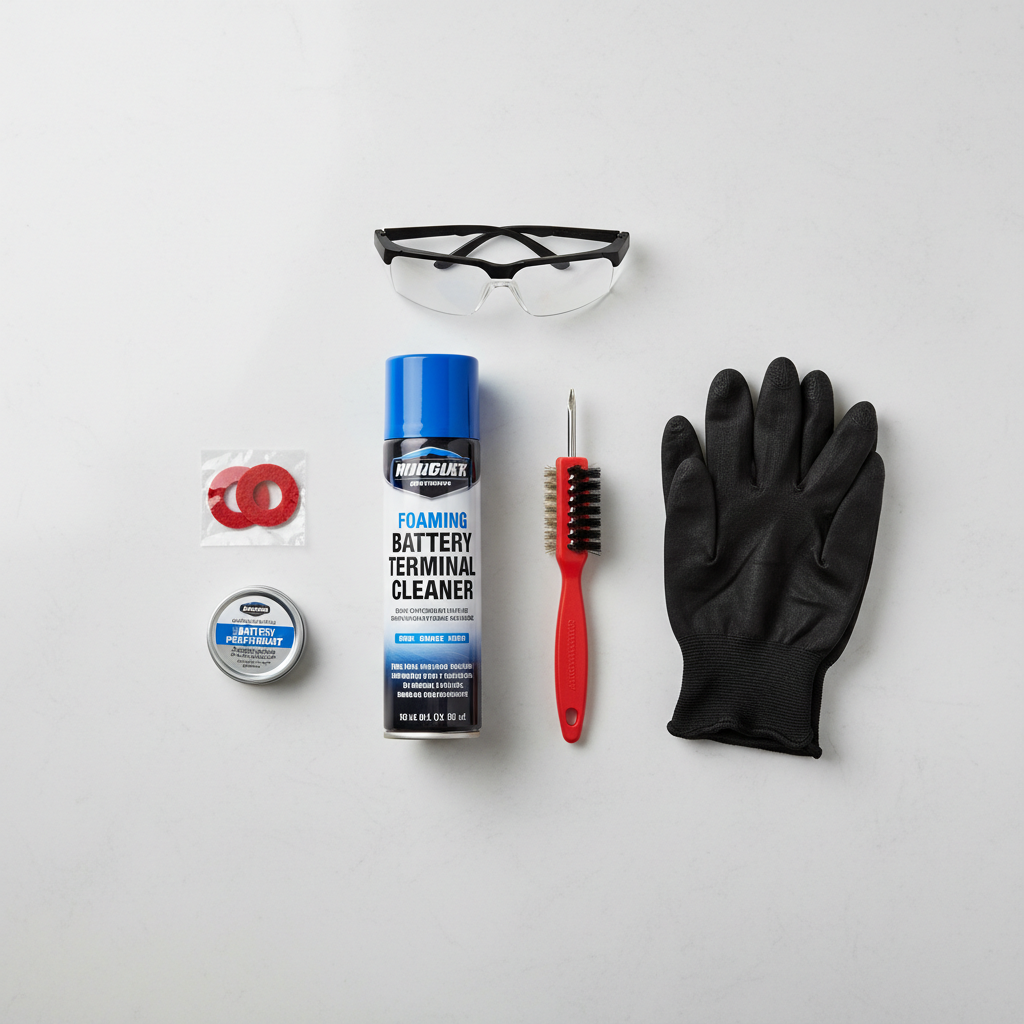 Battery terminal cleaning products spray brush protectant laid out