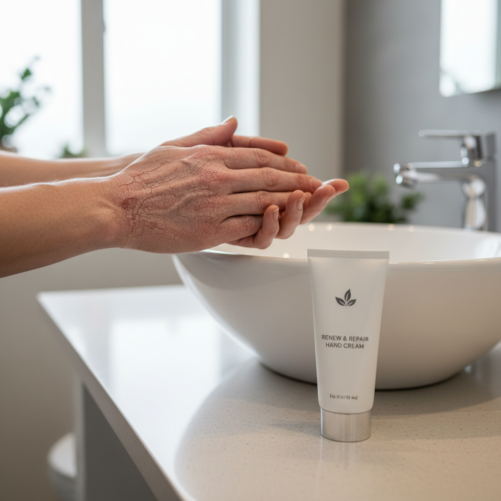 Dry cracked hands and hand cream on a bathroom counter