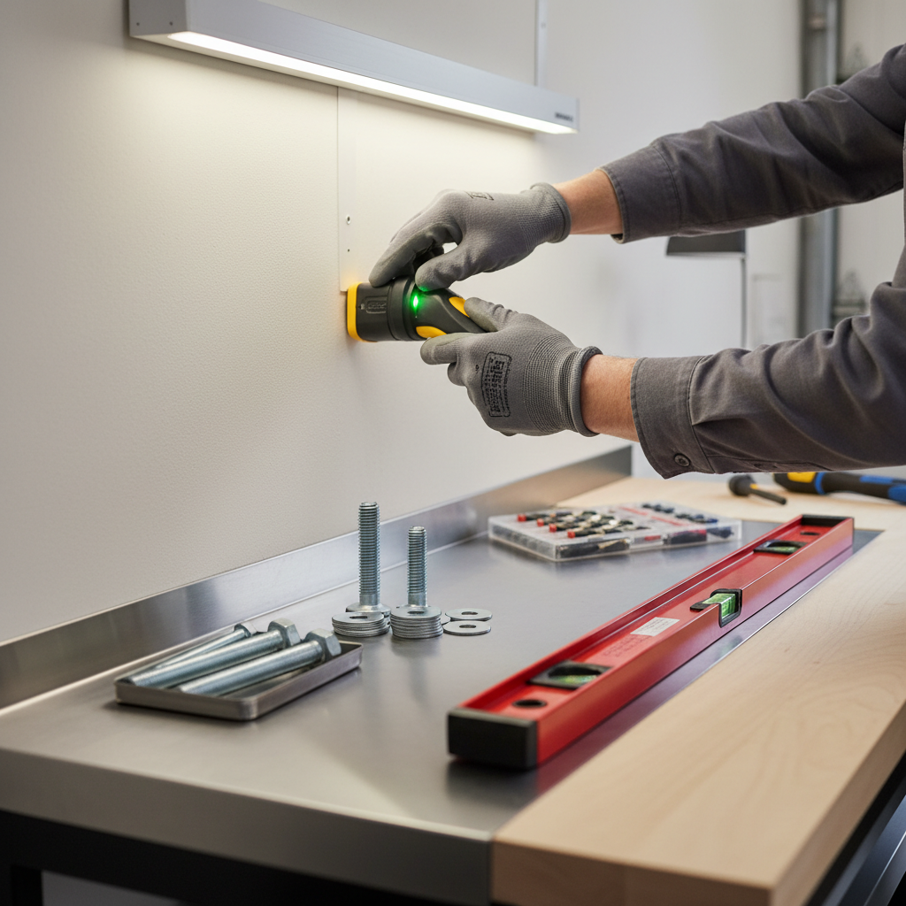 Stud finder locating wall studs and mounting hardware for air hose reel installation