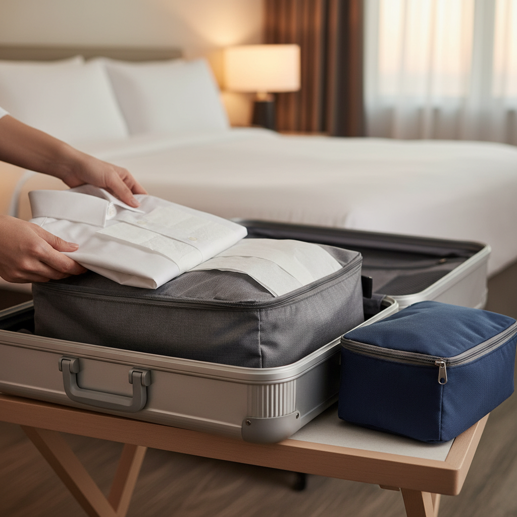 Traveler using tissue paper and packing cubes to reduce wrinkles in dress shirts