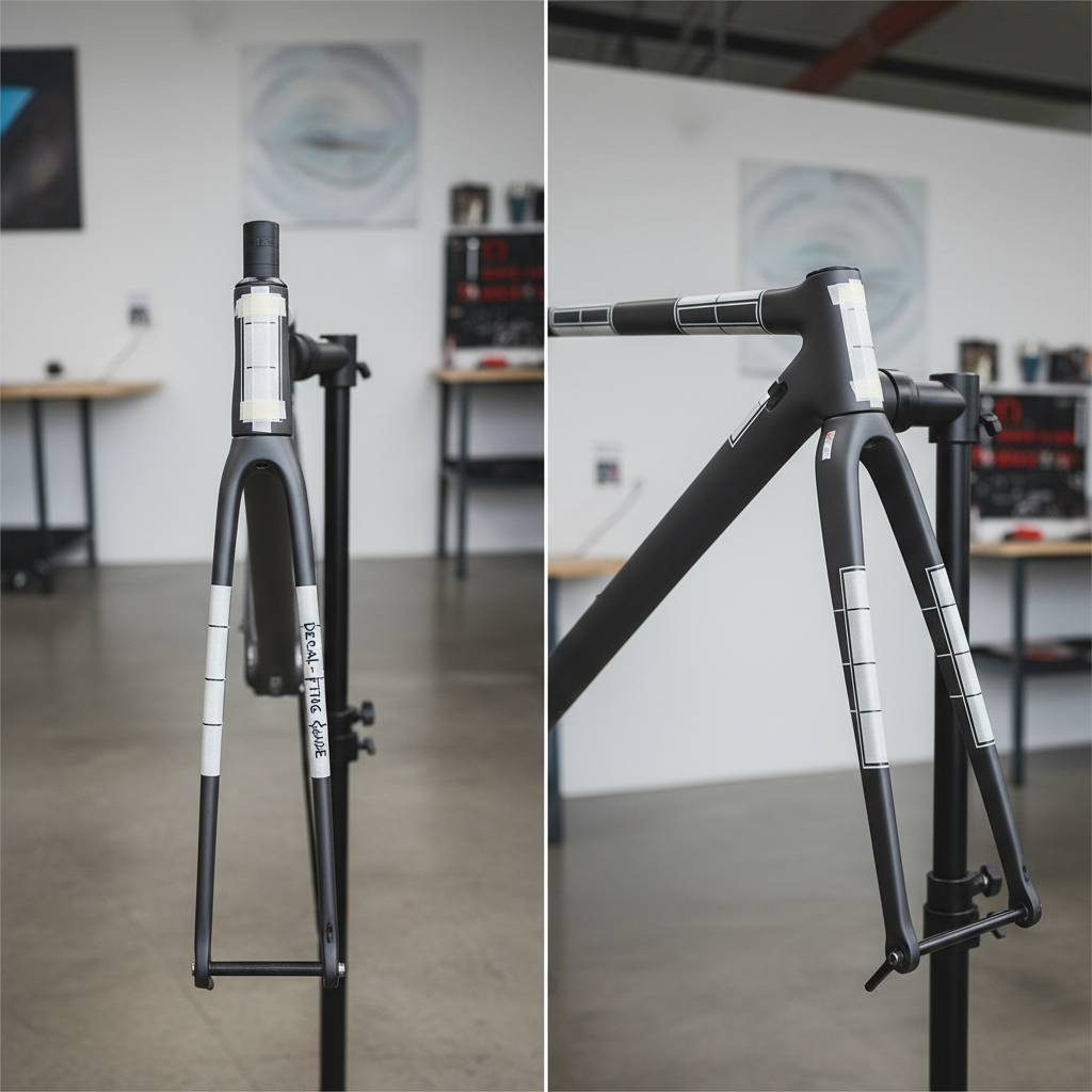 Minimalist bike decal layout plan on frame using painter’s tape guides