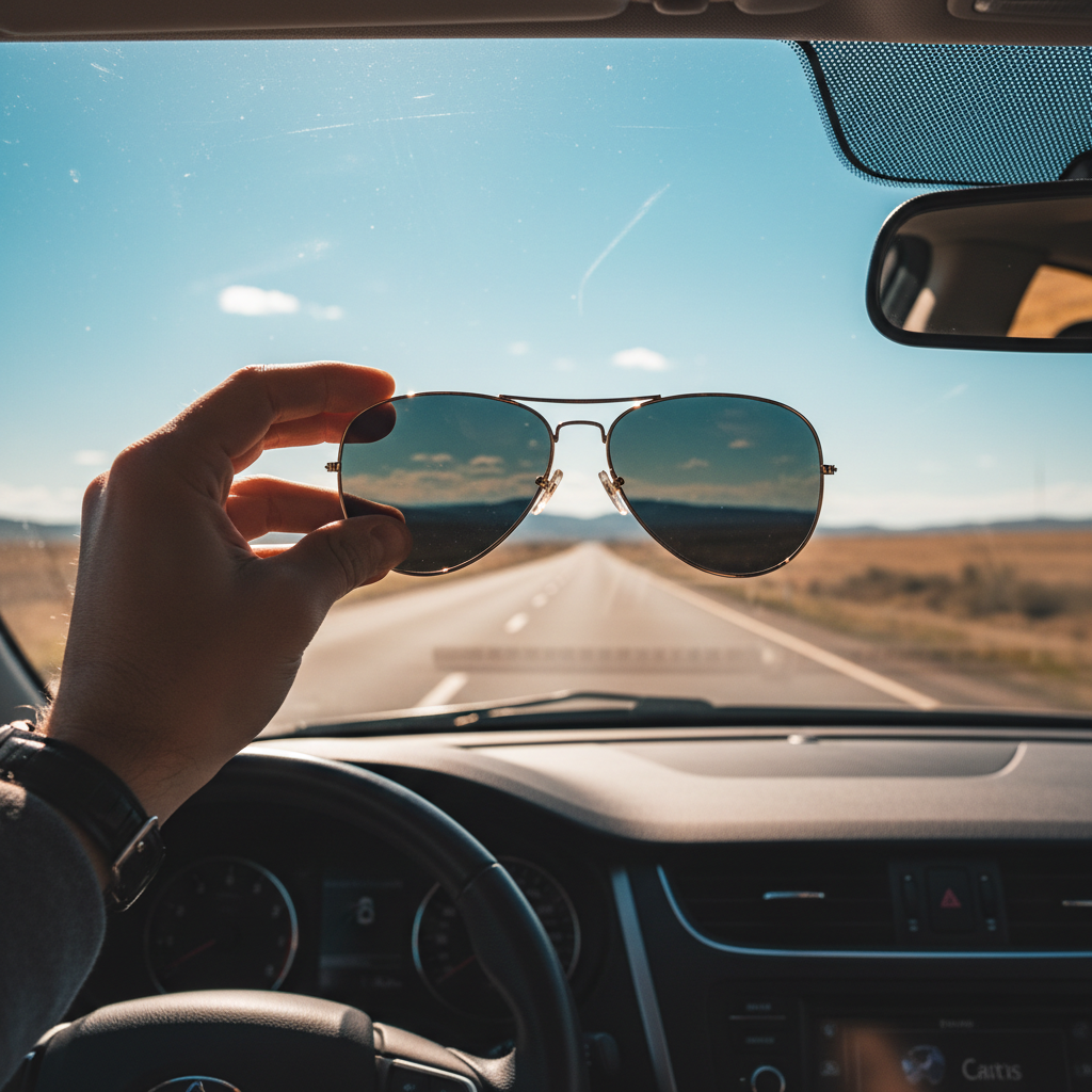 Close-up of polarized sunglasses lens reducing glare on a road trip