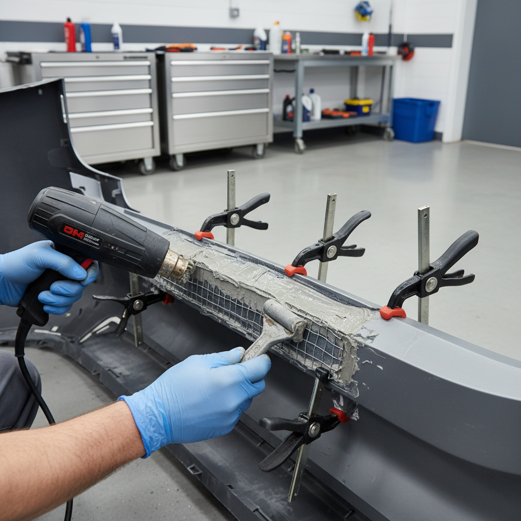 Technician reinforcing a cracked bumper from the back side with mesh and plastic repair material