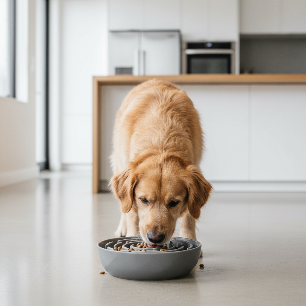Dog eating from a slow feeder bowl with maze pattern