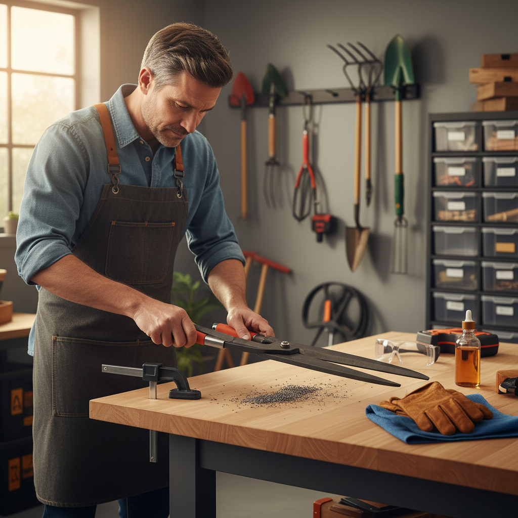 Person sharpening hedge shear blades with a file on a workbench in a garage