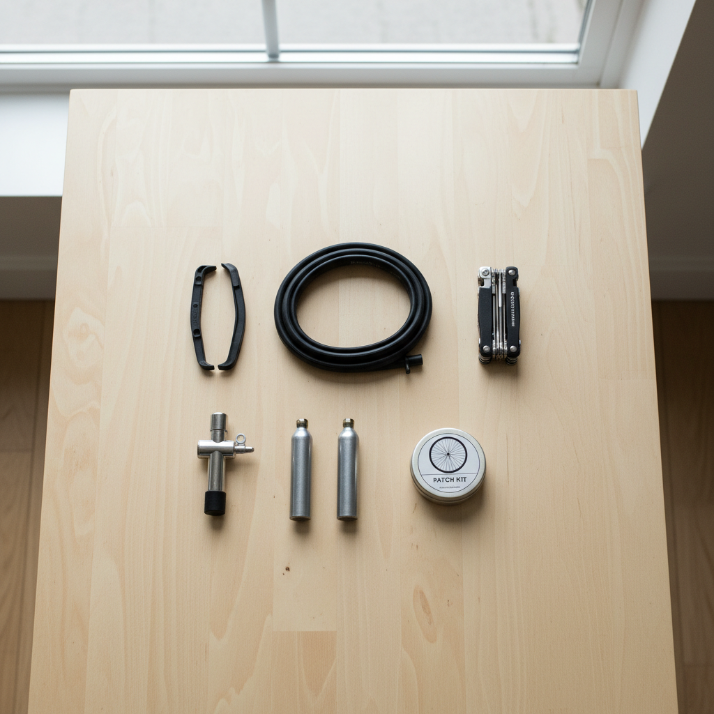 Bike saddle bag essentials laid out on a table: tube, tire levers, CO2 inflator, multitool