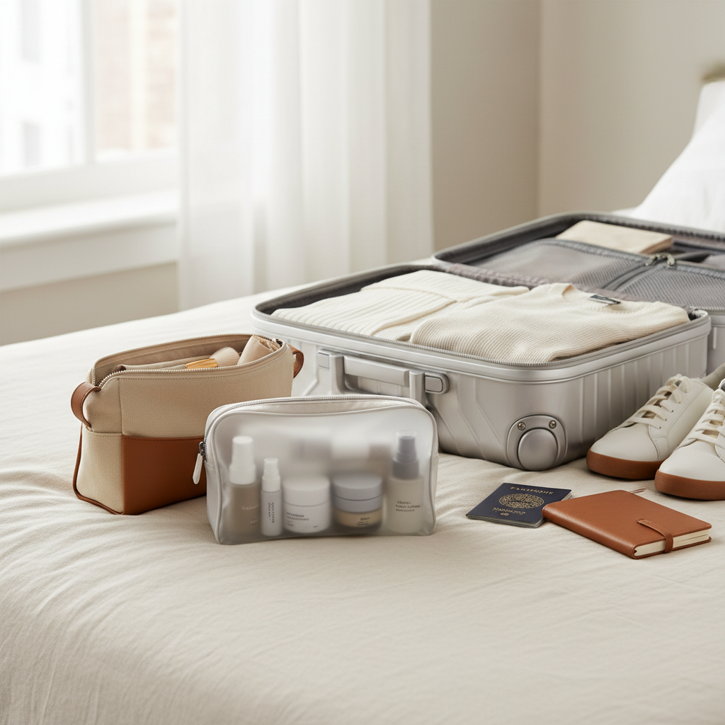 Travel skincare packing setup with clear TSA bag and leak-proof bottles
