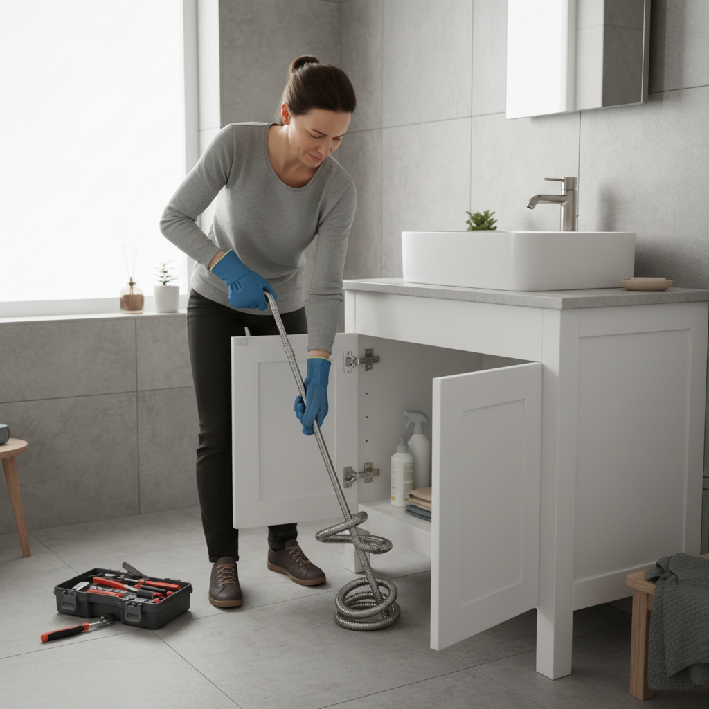 Homeowner using a drain snake auger at a bathroom sink drain