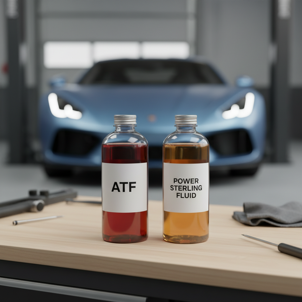 Bottles showing ATF and dedicated power steering fluid side by side for comparison