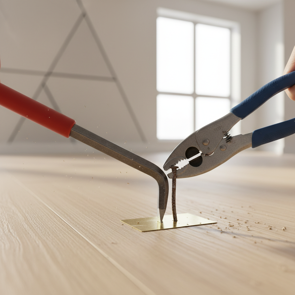 Close-up of removing a stubborn nail with a pry bar and locking pliers in a home renovation