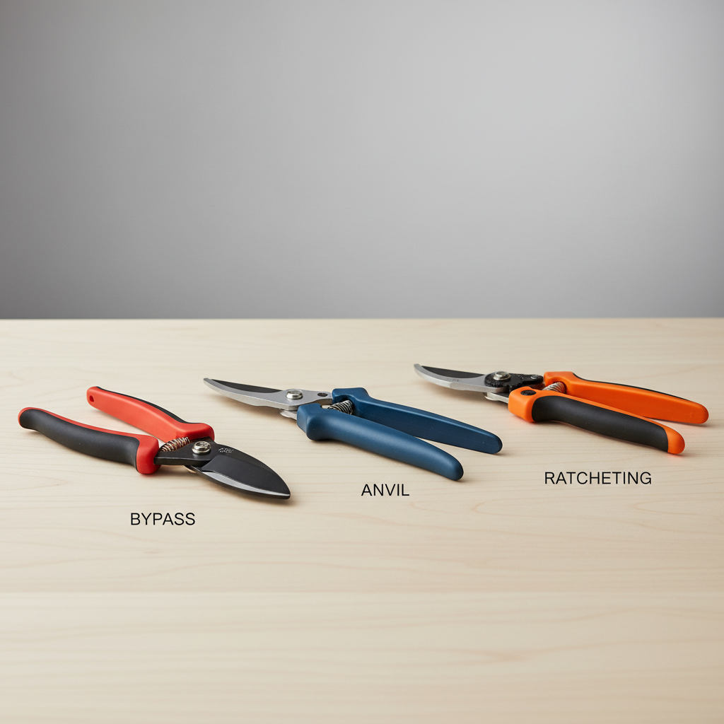 Comparison of bypass anvil and ratcheting pruning shears on a workbench