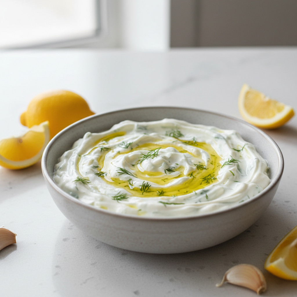 Thick cucumber tzatziki sauce in a bowl with olive oil and dill