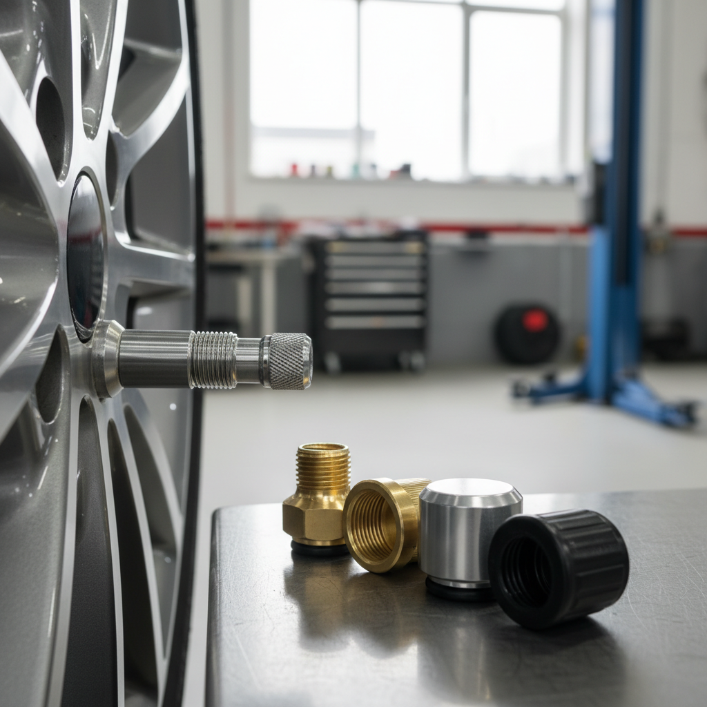 Close-up of car tire valve stem caps showing different materials and thread designs