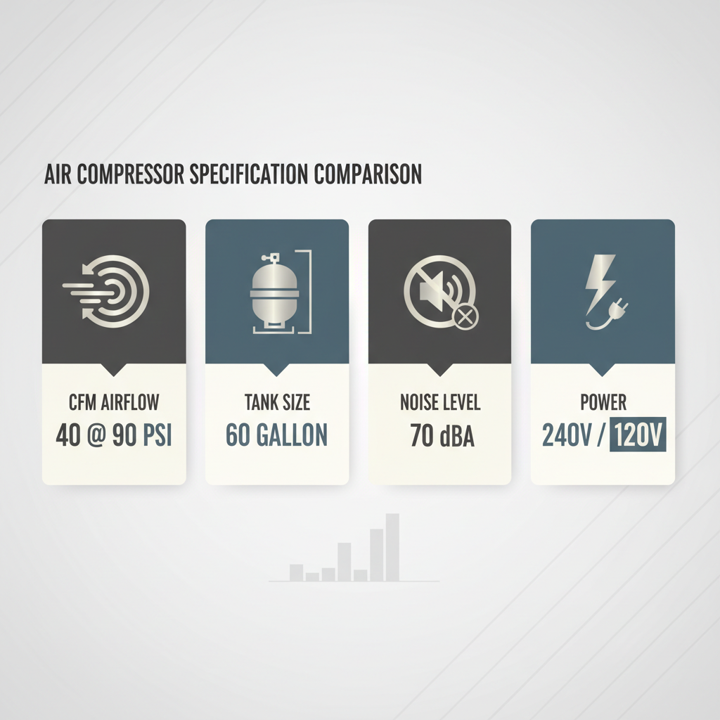 Air compressor spec comparison table concept with CFM, tank size, and noise level