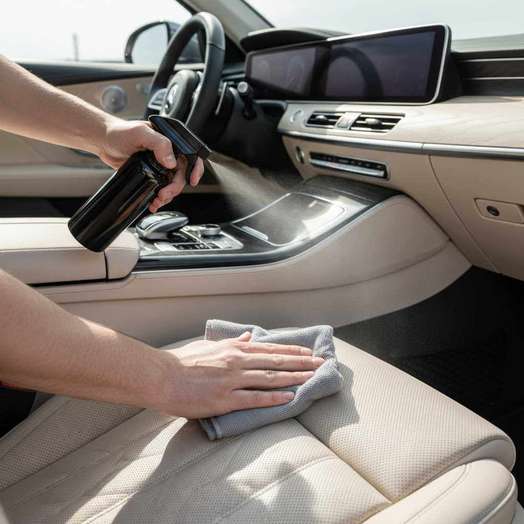 Cleaning modern leather car seats with a microfiber towel