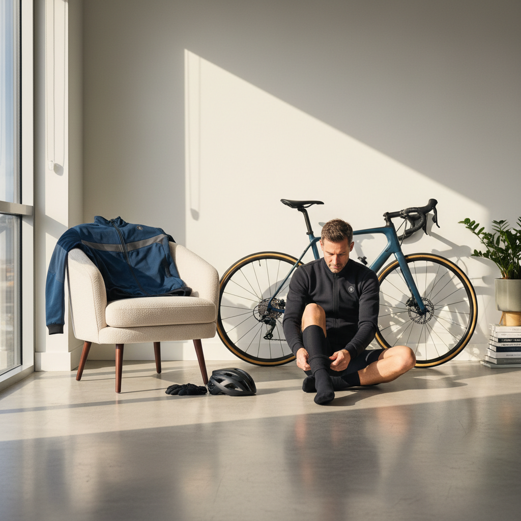Cyclist layering knee warmers with winter jersey and gloves before a ride