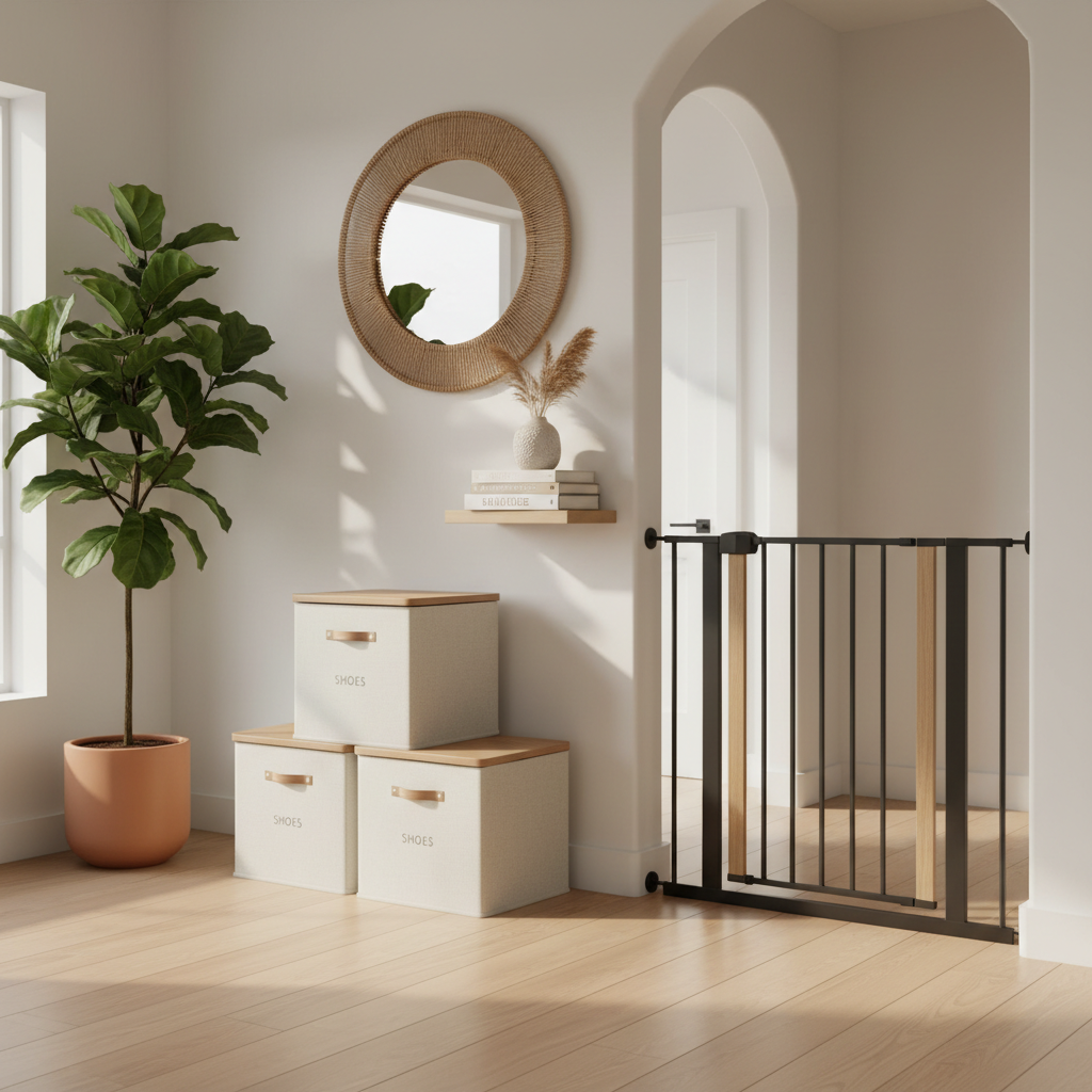 Entryway shoe storage bins and baby gate to prevent dog access
