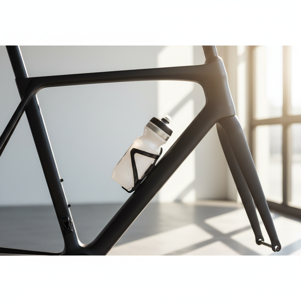 Insulated bike water bottle in a road bike cage on a sunny ride