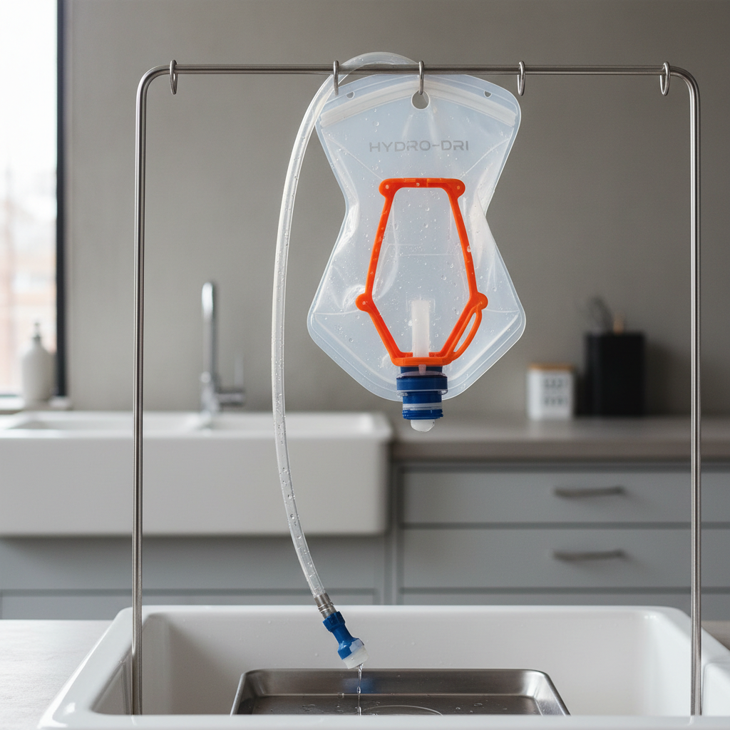 Hydration bladder hanging open to air dry with hose draining after cleaning