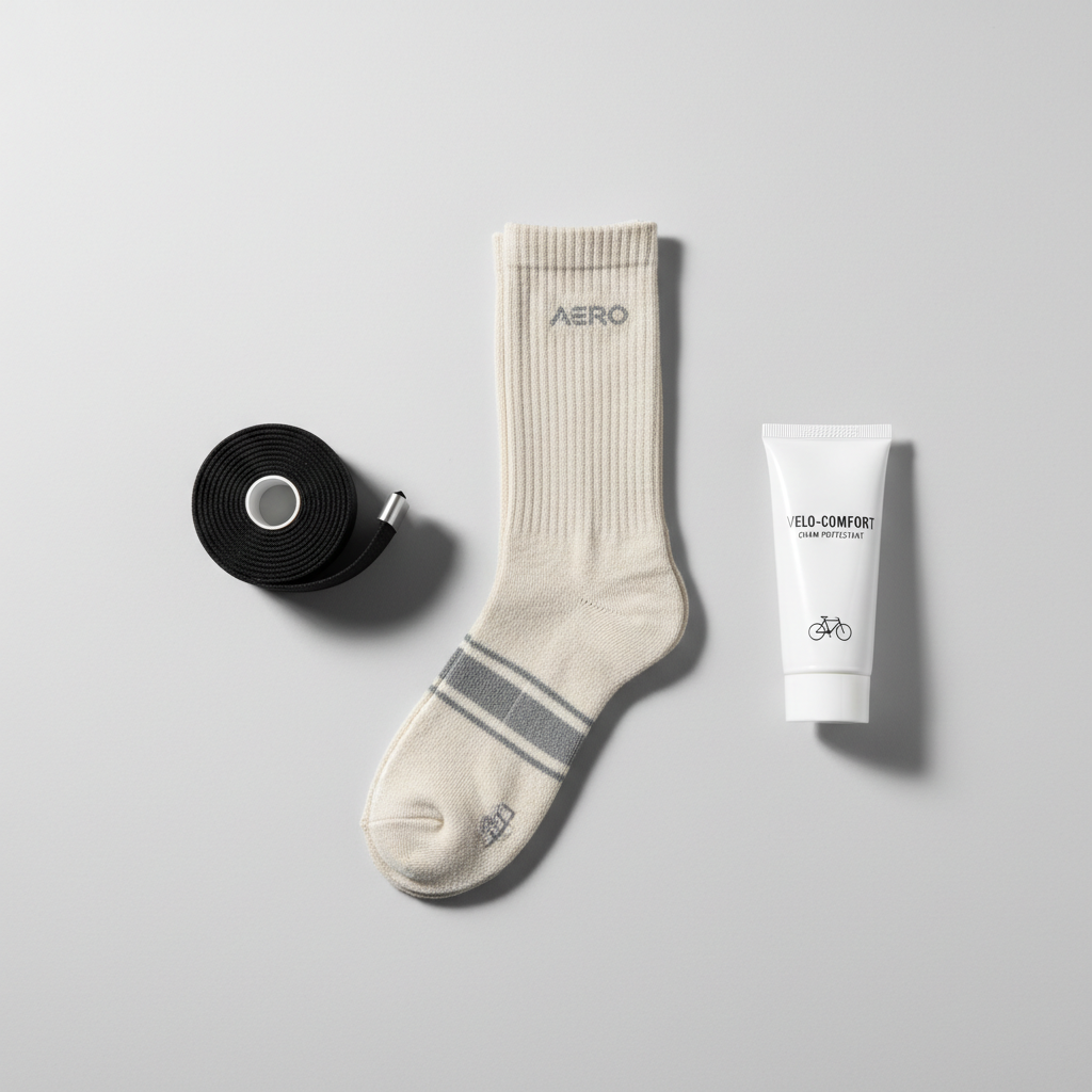 Cycling comfort essentials including merino socks, bar tape, and chamois cream arranged neatly