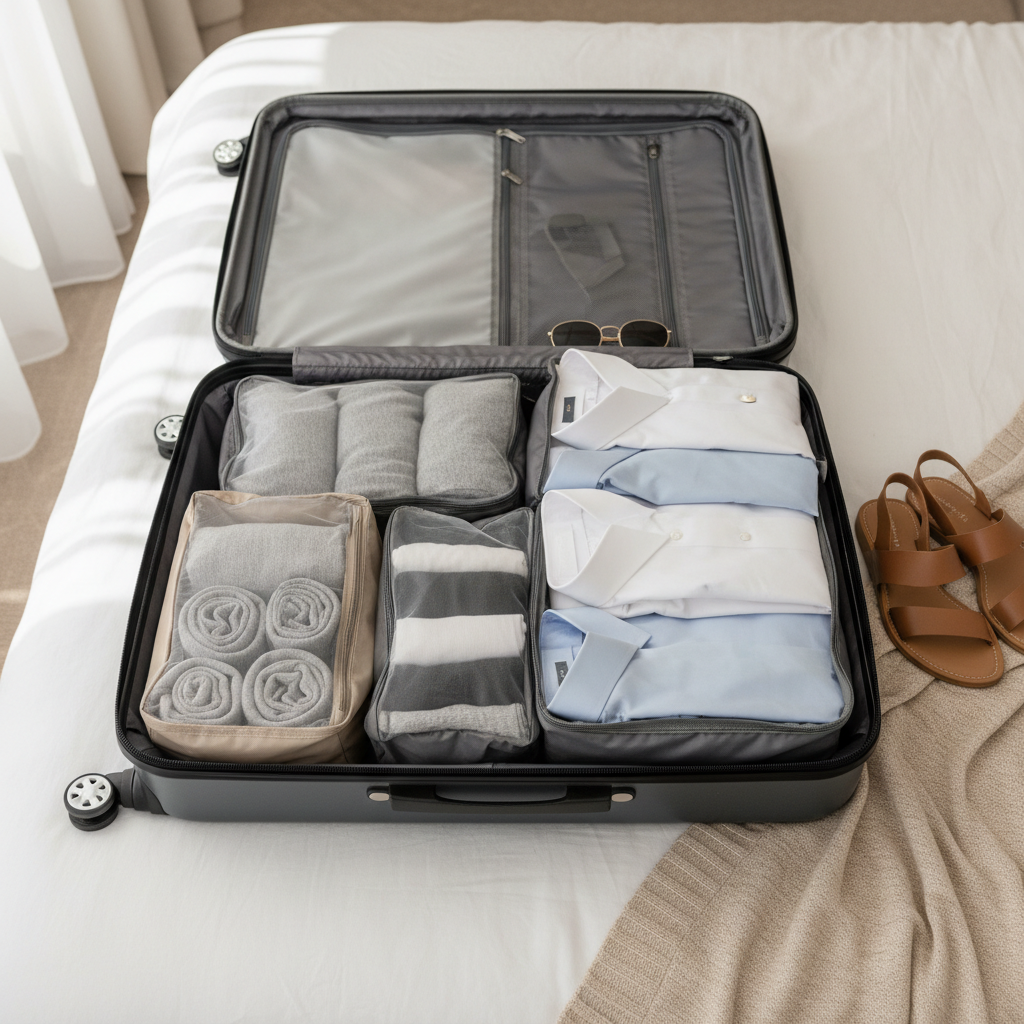 Neatly packed suitcase with wrinkle-free outfits using rolling and folding methods