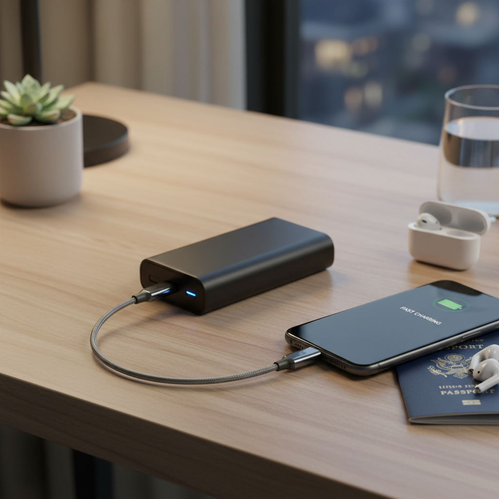 USB-C PD fast charging setup with portable charger and phone on a travel desk