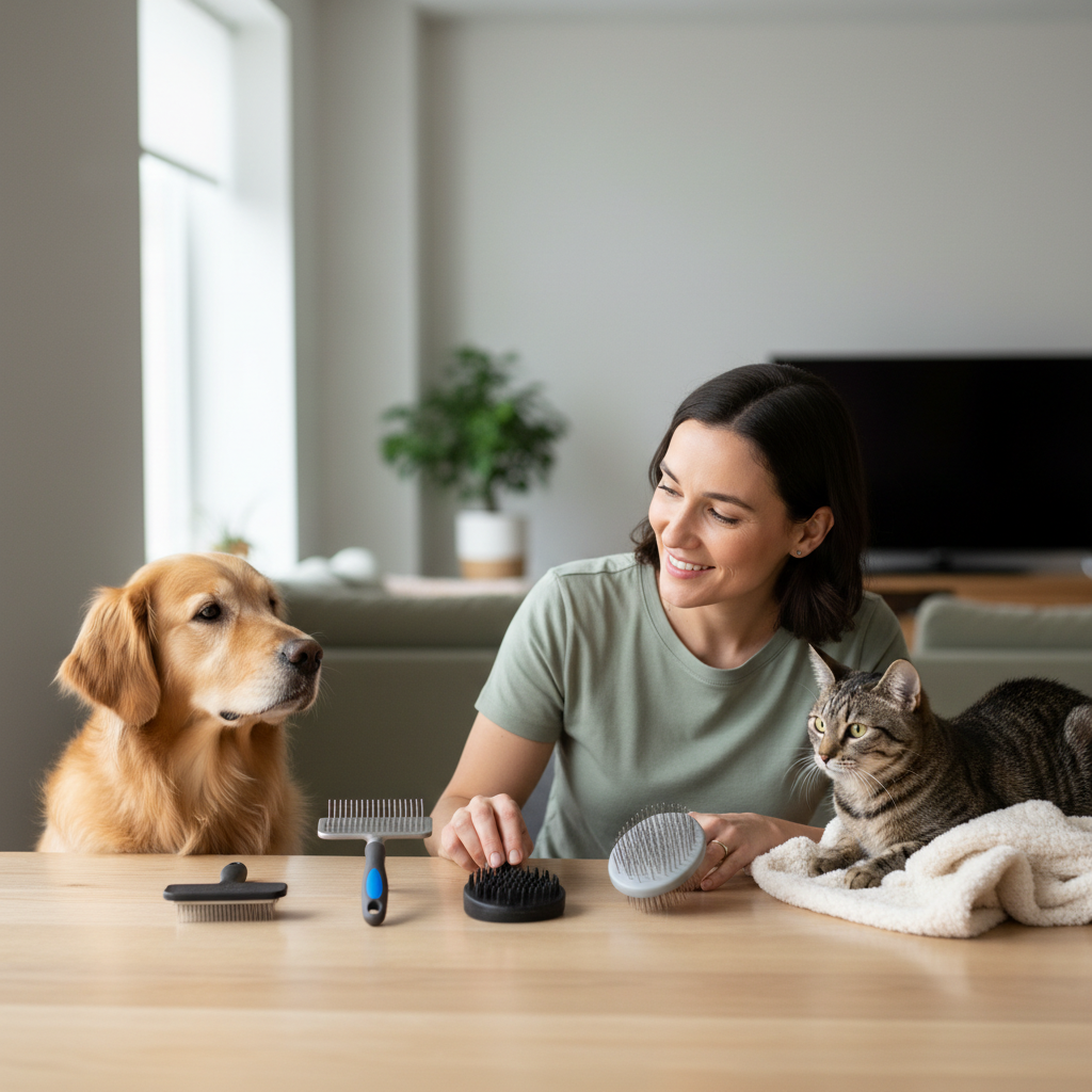 Pet owner choosing grooming brush types for different coats