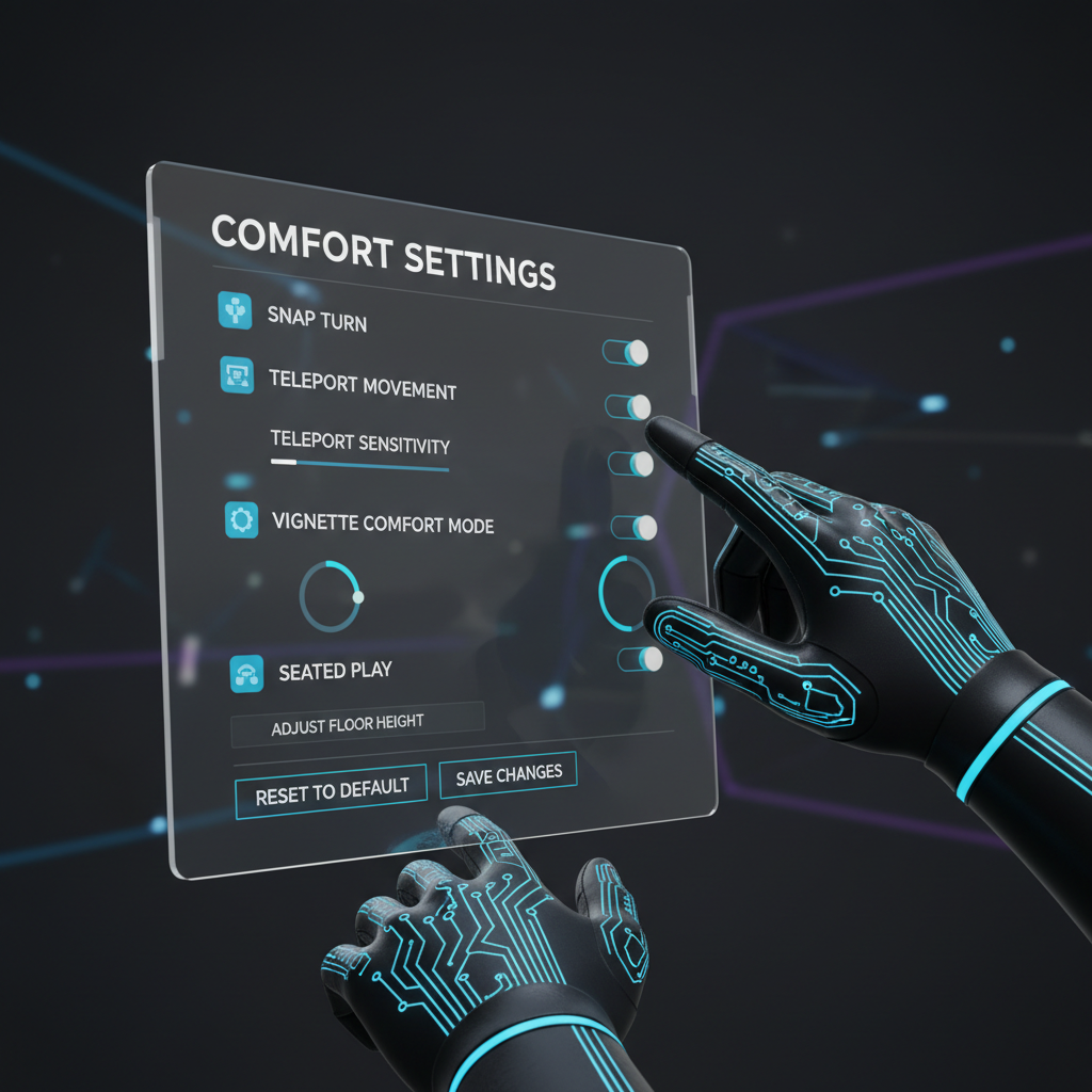 VR comfort settings menu showing snap turn, teleport, and vignette options