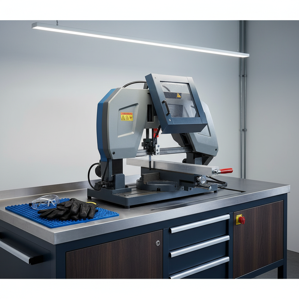 Band saw setup for cutting metal safely with proper guarding and workspace layout