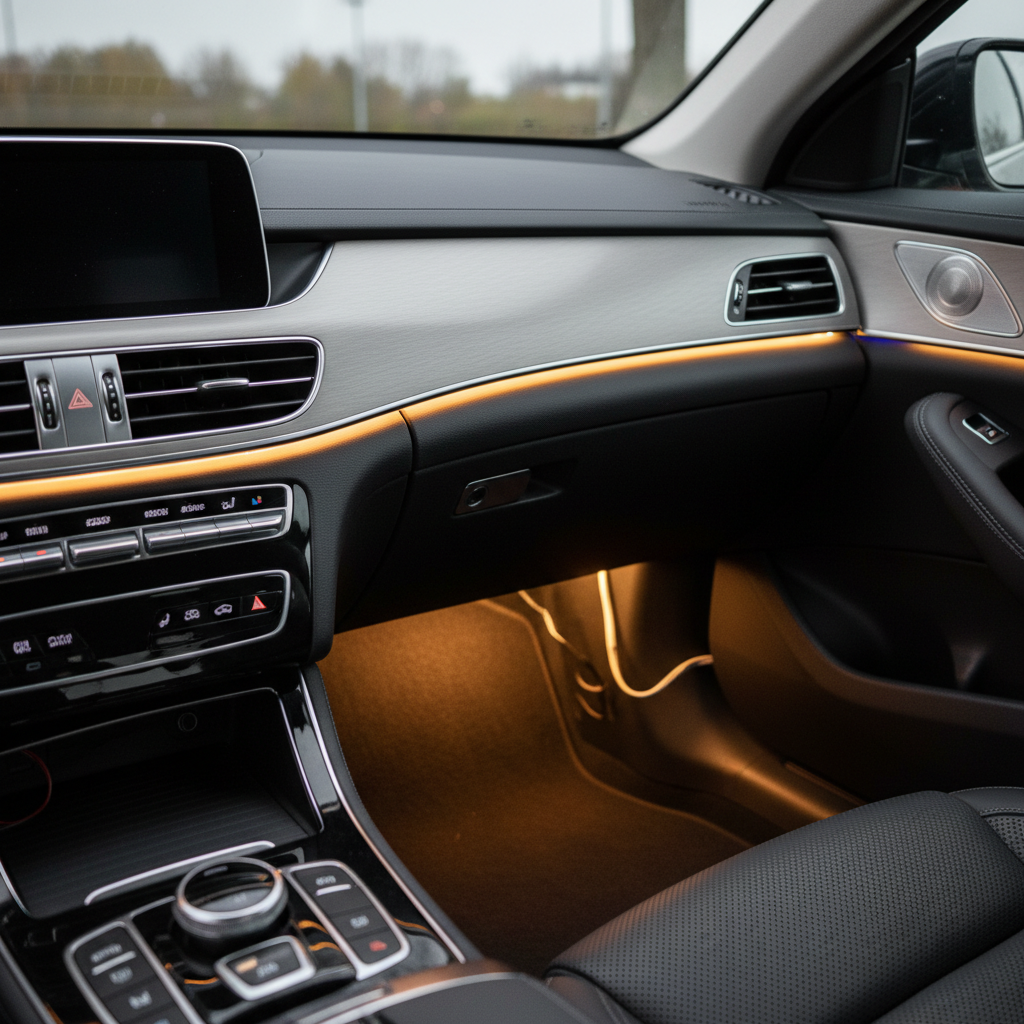 Interior LED strip mounted under dashboard with hidden wire routing along trim