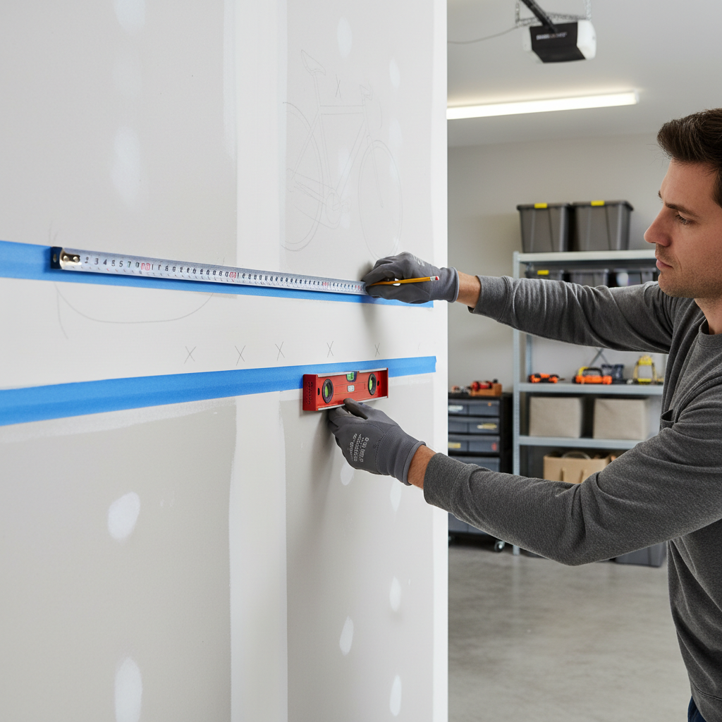 Marking height and spacing for wall-mounted bike hooks with a level