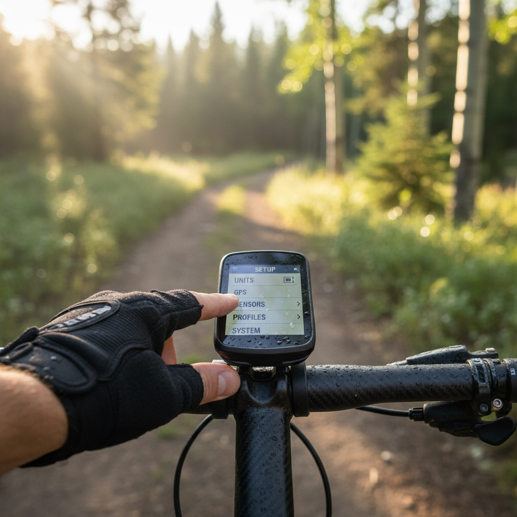 Cyclist adjusting bike computer settings on the start screen