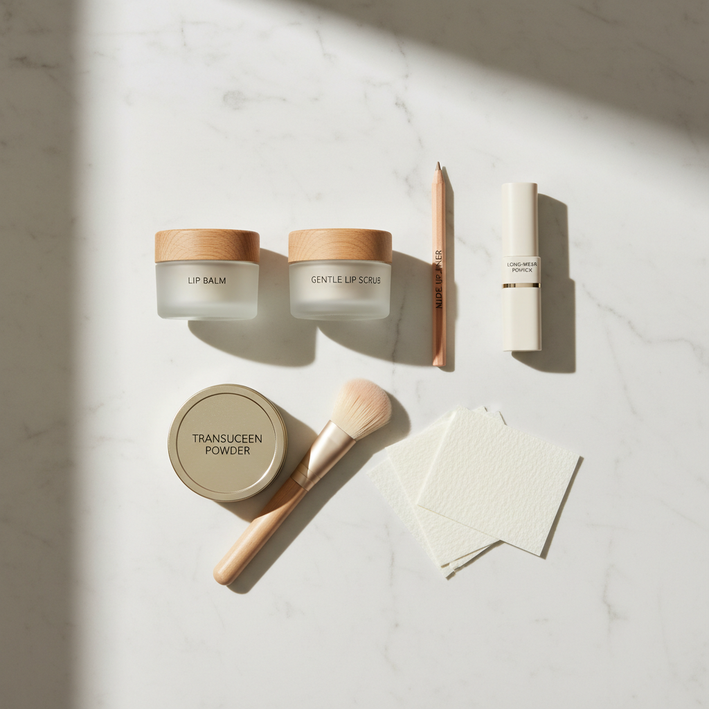 Lipstick prep essentials on vanity: balm, scrub, lip liner, lipstick, powder