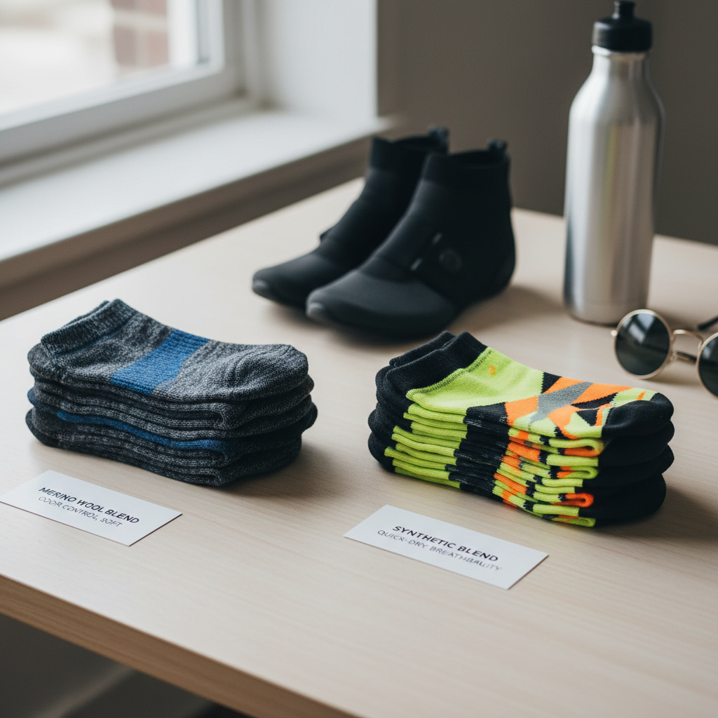 Comparison of merino and synthetic cycling socks laid out with labels for drying and feel
