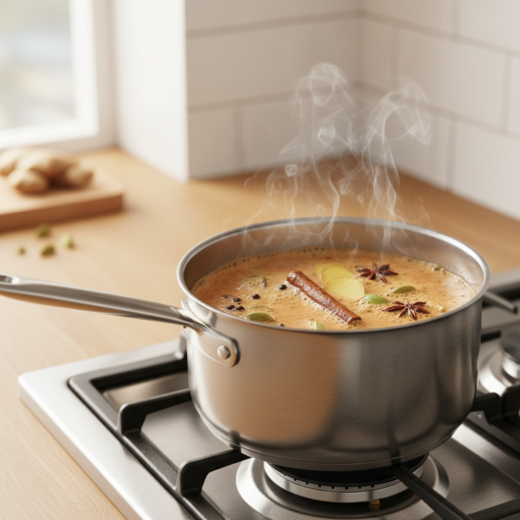 Homemade Indian masala chai simmering in a saucepan