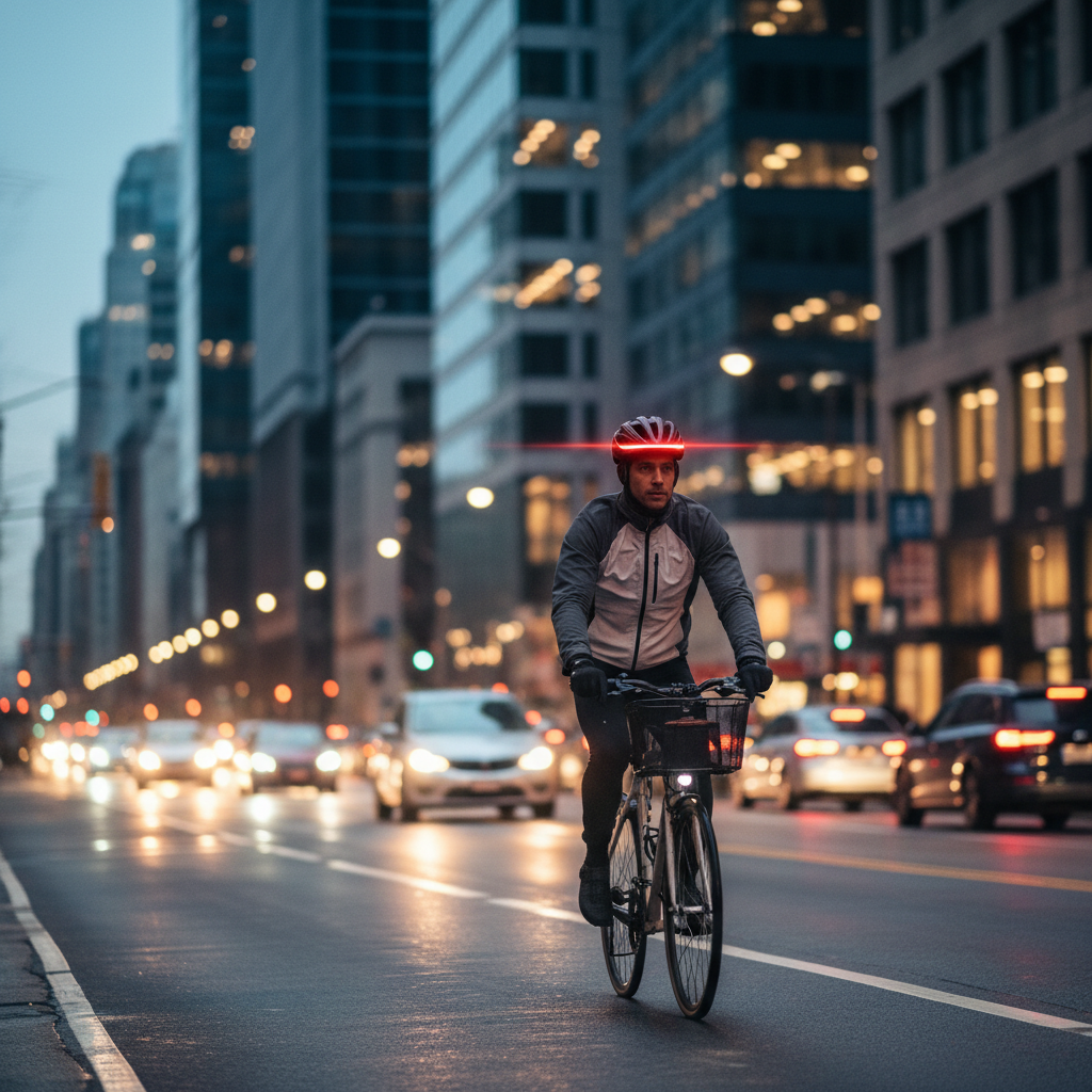 Adult commuter cyclist riding with a helmet featuring a rear light for visibility