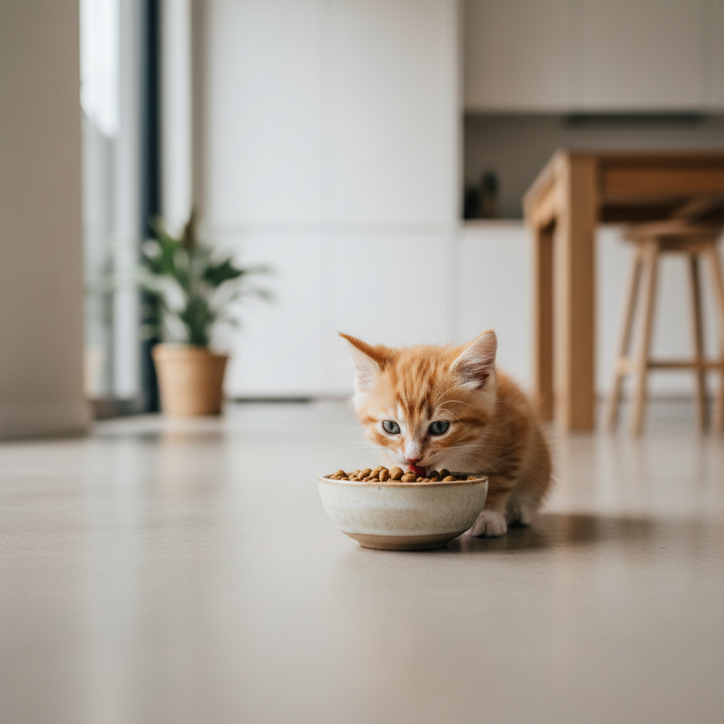 Kitten eating complete and balanced kitten kibble from a small bowl