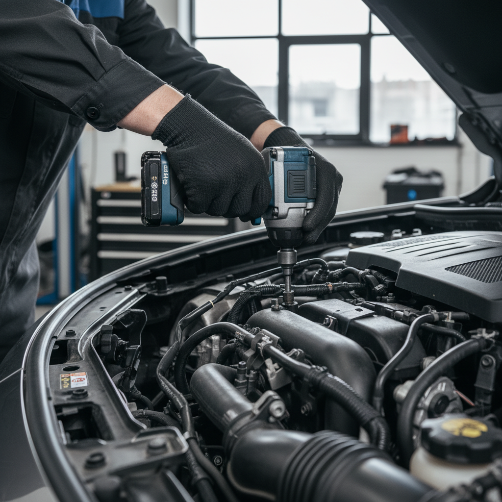 Mechanic using a compact impact driver in a tight engine bay