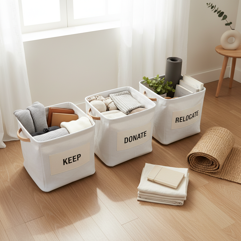 Minimalist decluttering setup with labeled keep-donate bins and clean floor space
