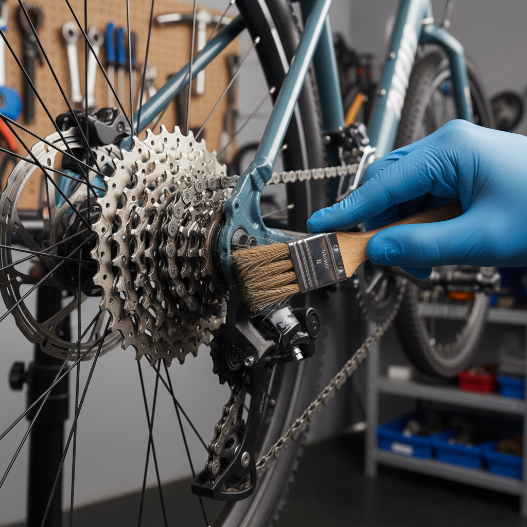 Bike drivetrain close-up showing cassette and jockey wheels being cleaned with detailing brush