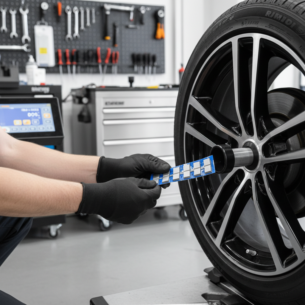 Technician balancing a car wheel on a tire balancer choosing wheel weights
