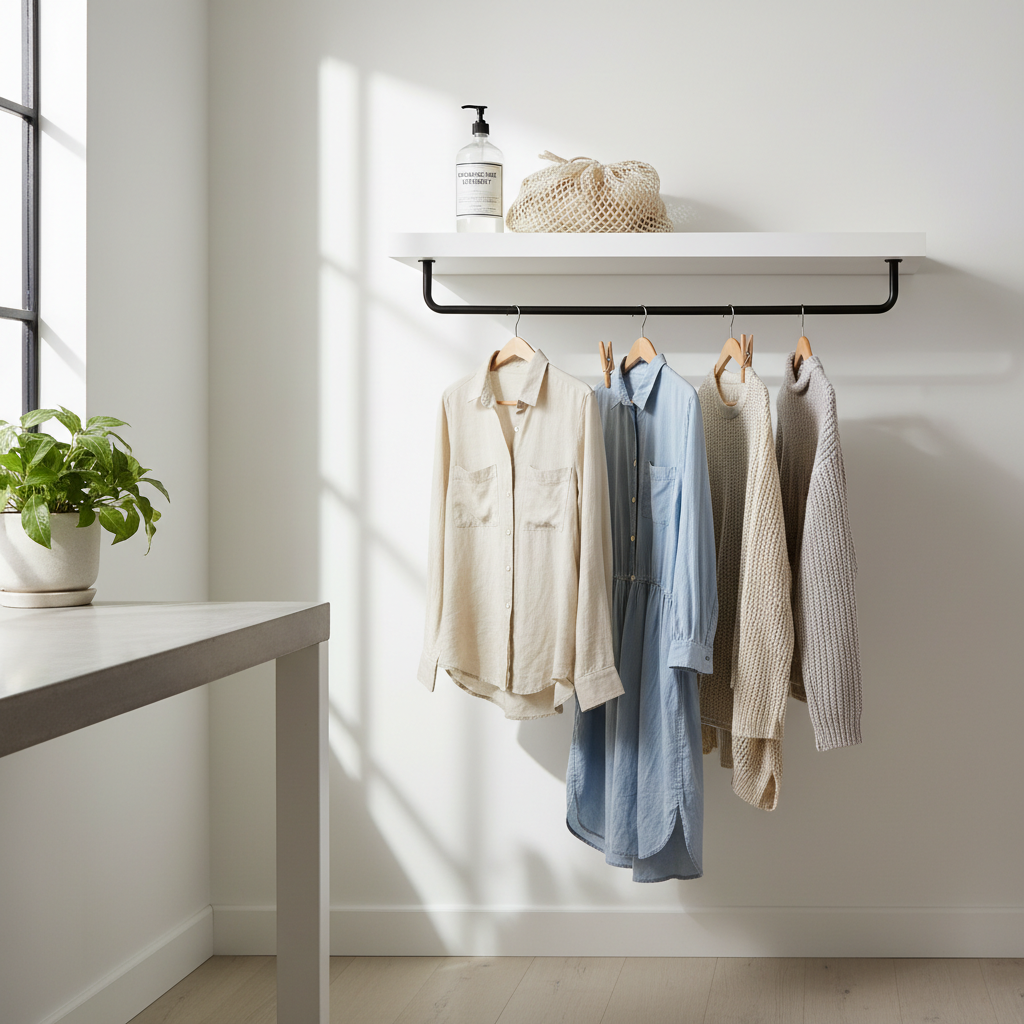 Laundry setup with gentle detergent and air-drying thrifted clothes on a rack
