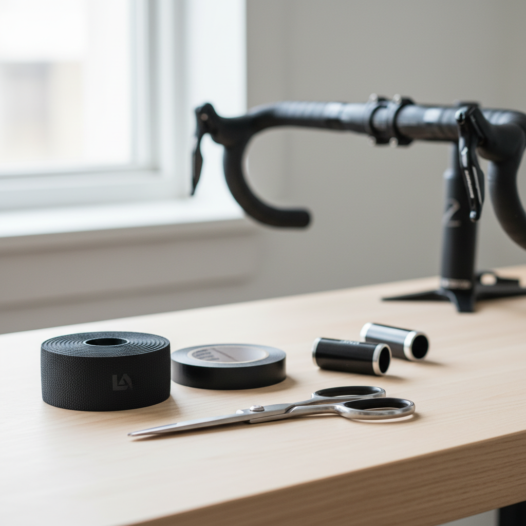 Bike handlebar taping tools laid out: bar tape, scissors, electrical tape, bar end plugs
