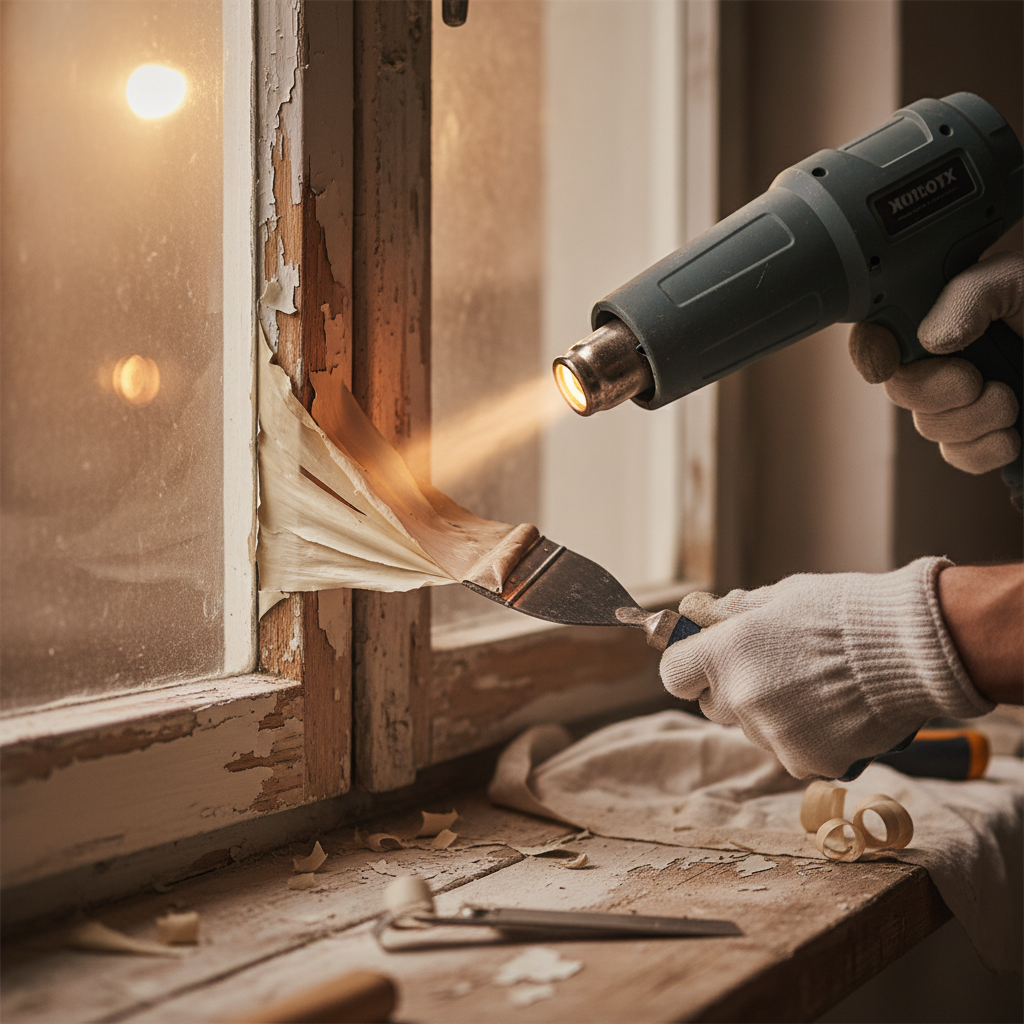 Heat gun stripping paint from a wood window frame with scraper